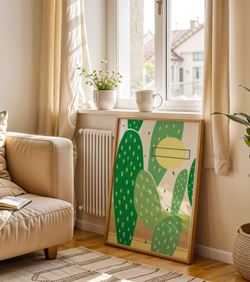 Abstract cactus art with green and yellow elements