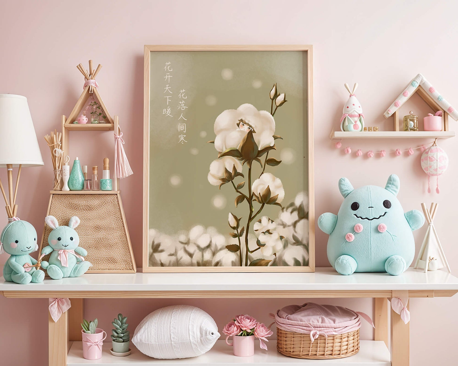 Illustrated cotton plant with hidden character on a soft green background
