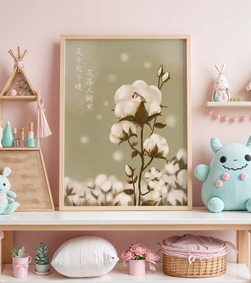 Illustrated cotton plant with hidden character on a soft green background