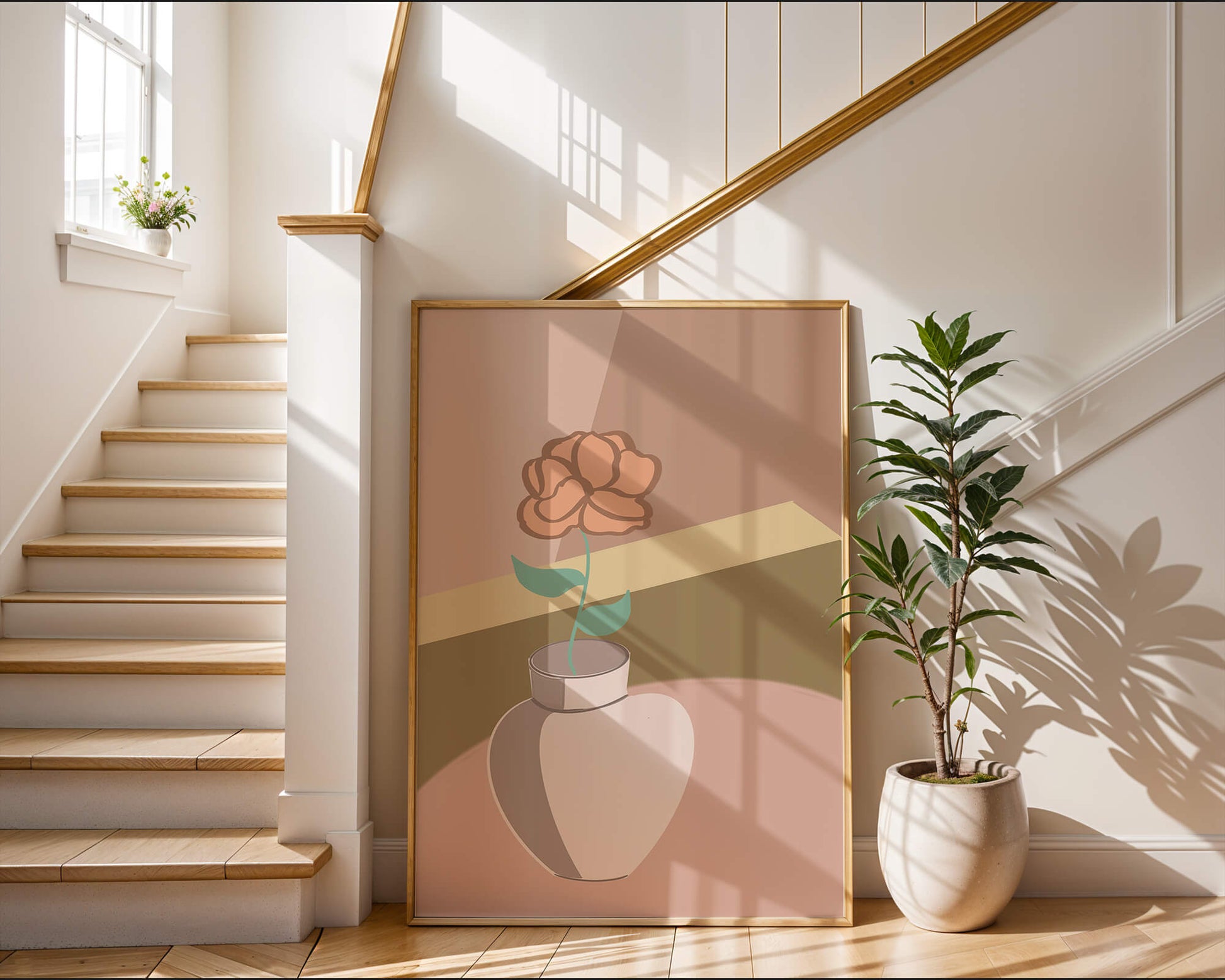 Ilustración abstracta de un jarrón con una flor en colores pastel