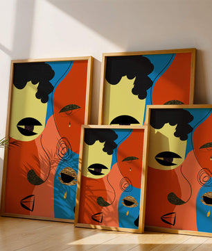 Abstract faces with vibrant colors and gold accents