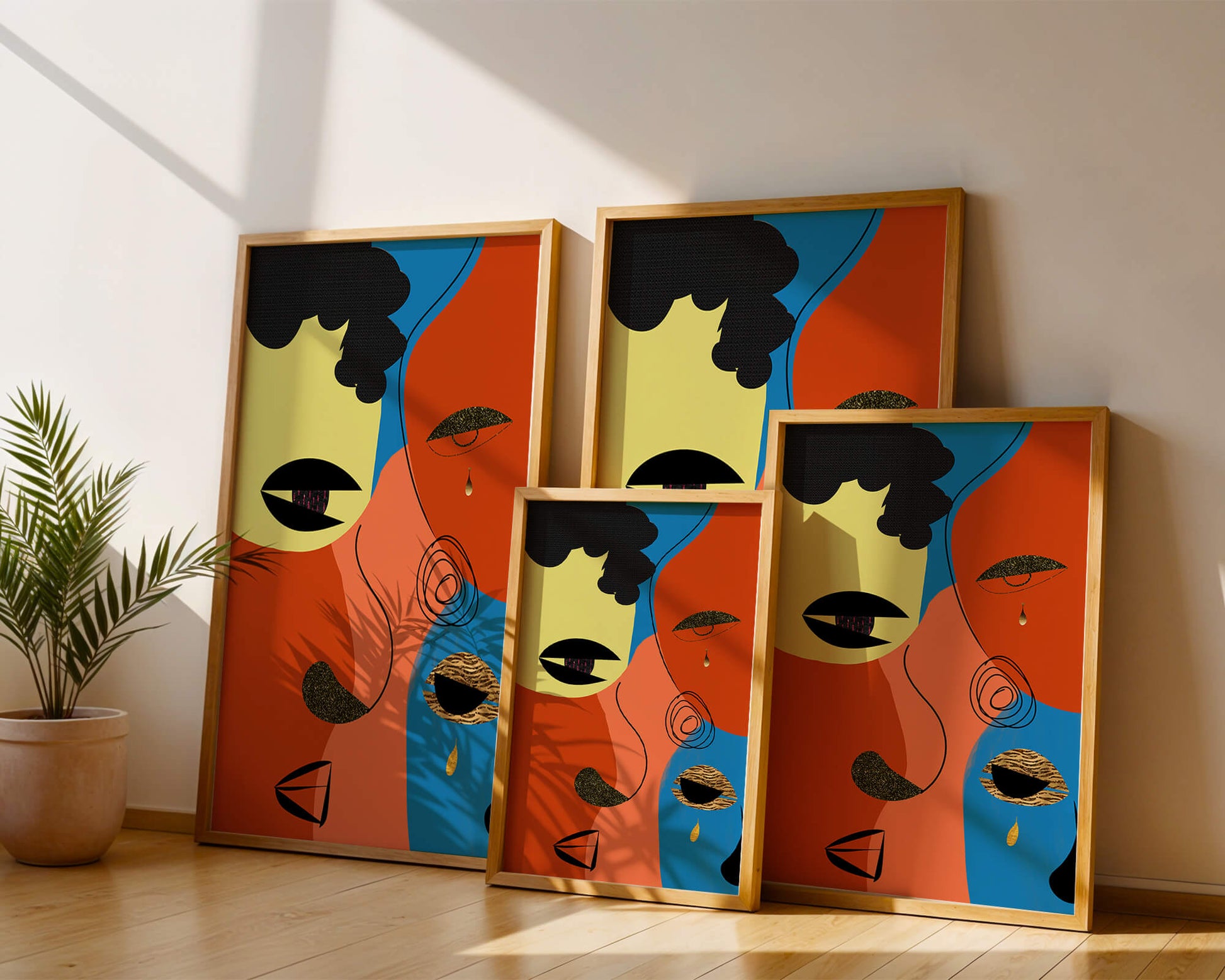 Abstract faces with vibrant colors and gold accents