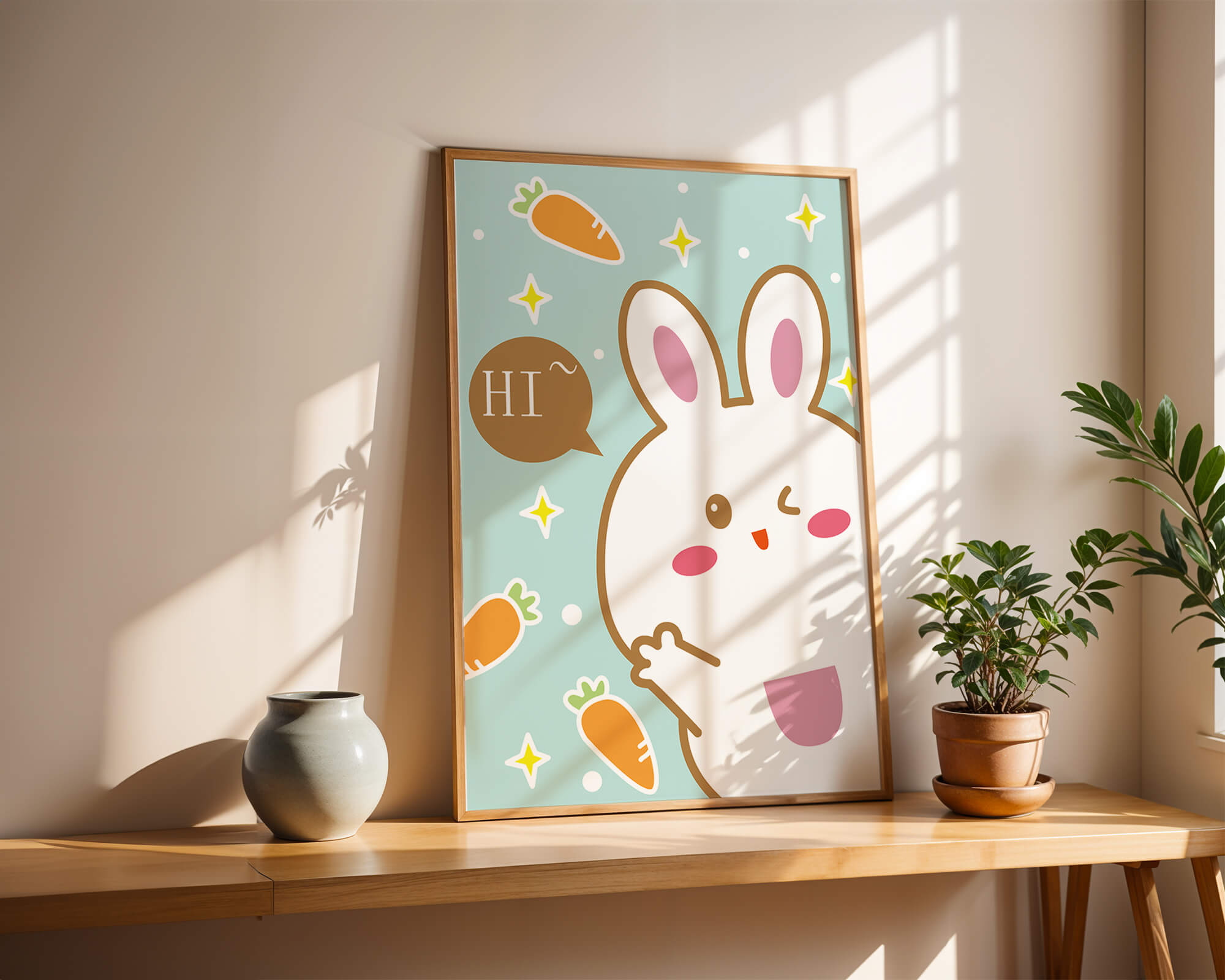 Playful cartoon bunny with carrots and stars on teal background