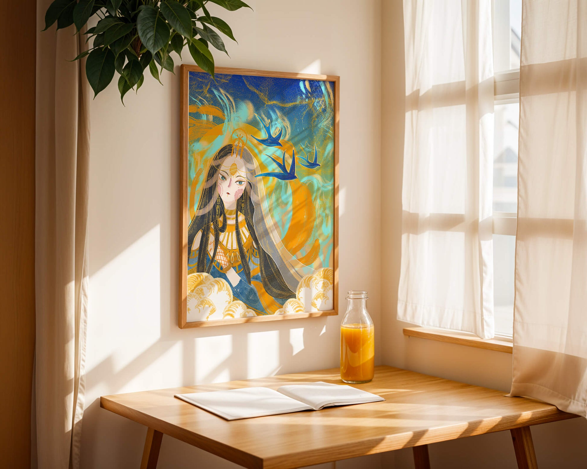 Majestic Goddess with Birds and Golden Elements in Mystical Setting