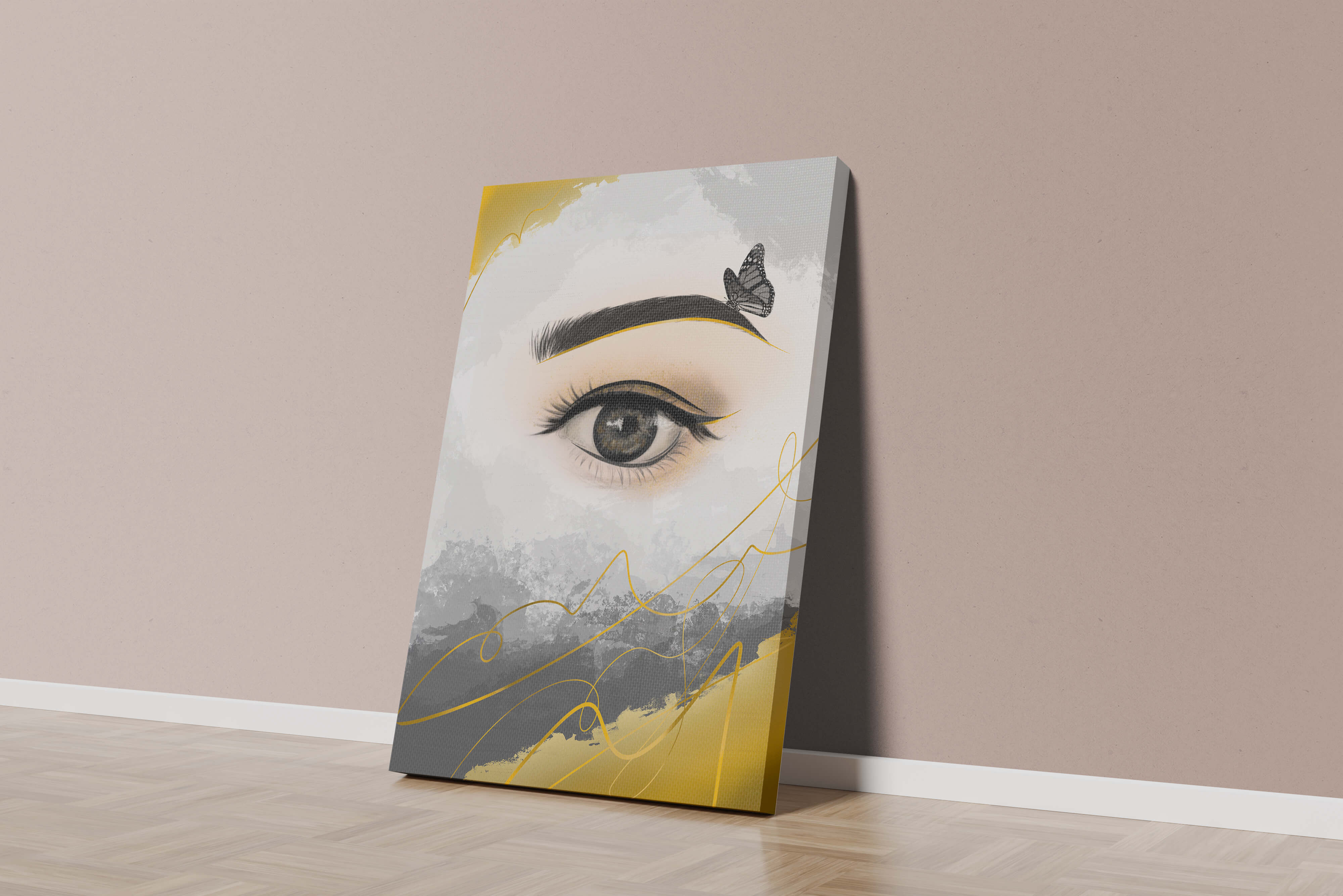 Artistic eye illustration with butterfly and abstract gold accents