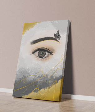 Artistic eye illustration with butterfly and abstract gold accents