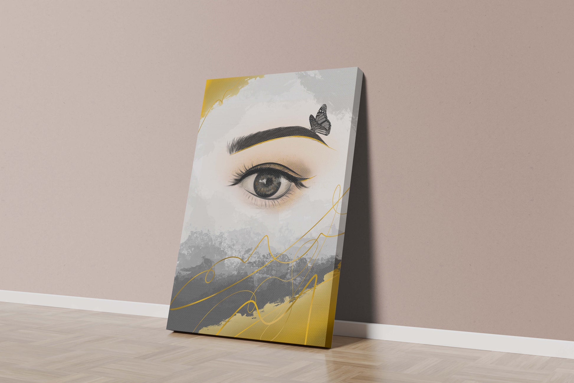 Artistic eye illustration with butterfly and abstract gold accents
