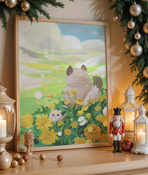Whimsical Scene of Fluffy Cat and Kitten Among Yellow Flowers