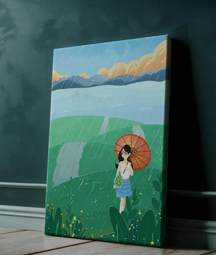 Girl with Umbrella in Rainy Meadow