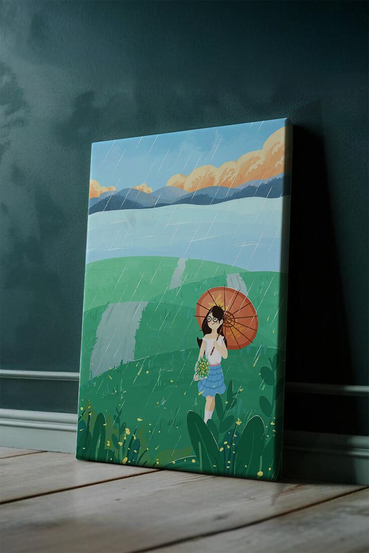 Girl with Umbrella in Rainy Meadow