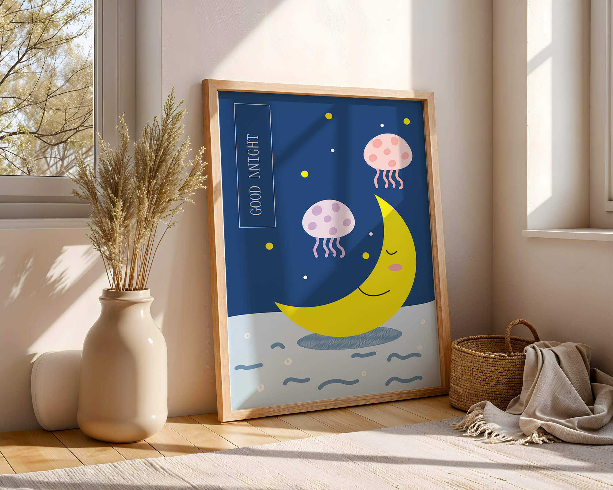 Whimsical night scene with a smiling moon and playful jellyfish