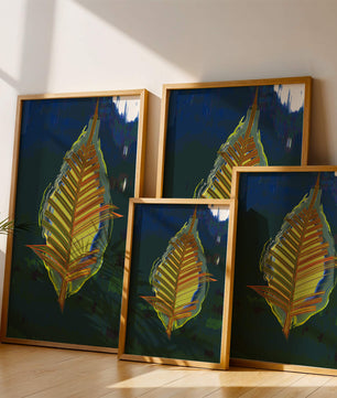 Abstract digital artwork featuring a vibrant multicolored leaf
