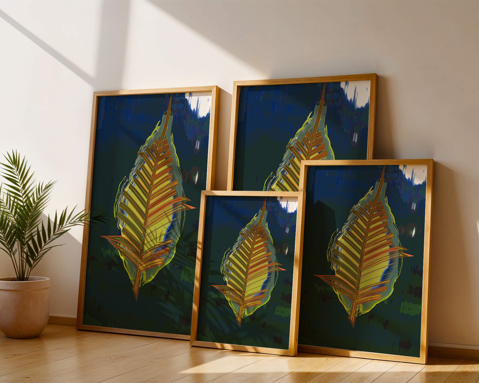 Abstract digital artwork featuring a vibrant multicolored leaf