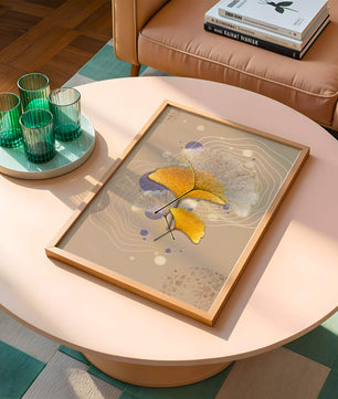 Elegante Blätter des Ginkgo mit abstrakten wellenförmigen und kreisförmigen Elementen