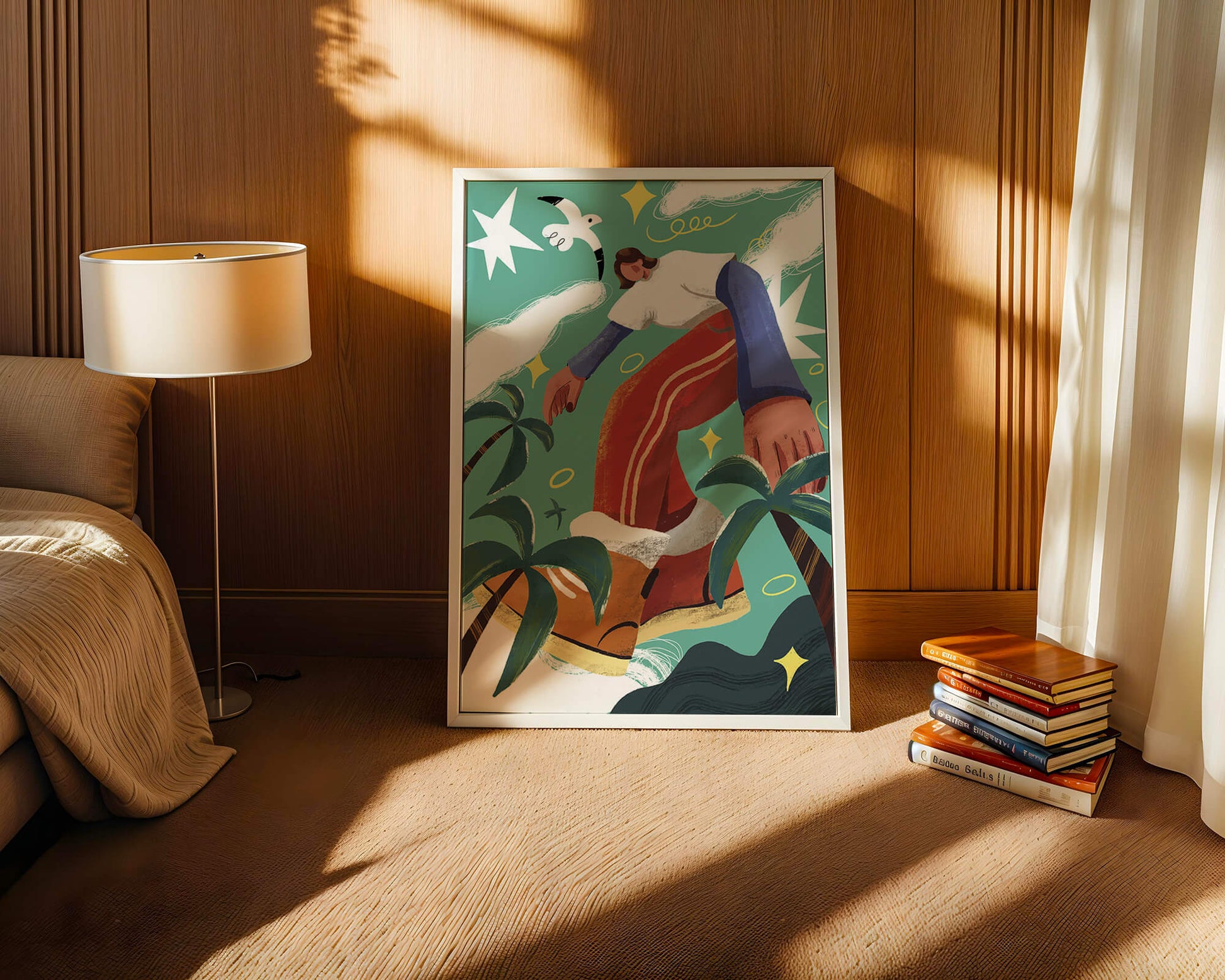 Colorful Abstract Surreal Landscape with Giant Figure and Nature Elements