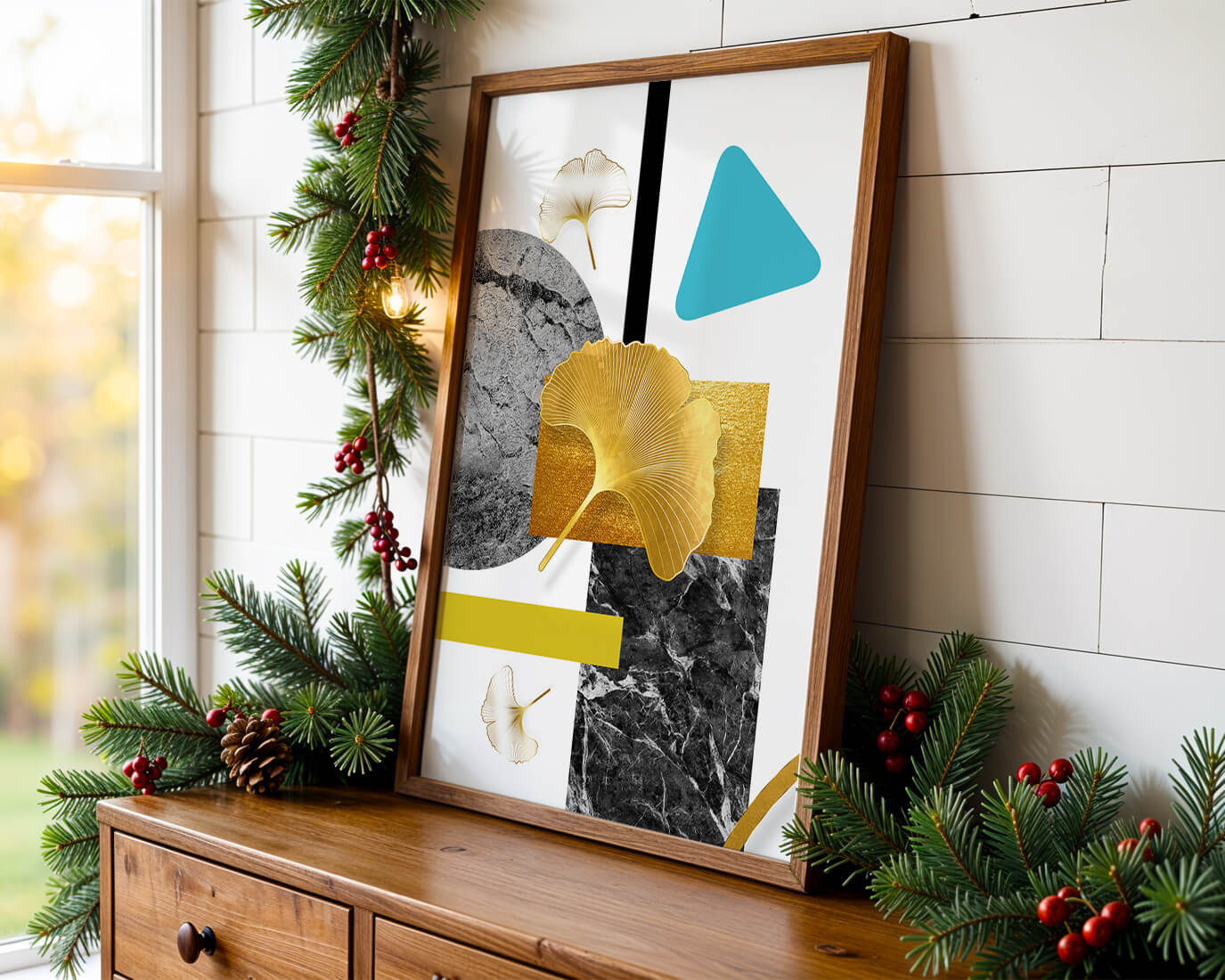 Geometric Abstract Composition with Gold Ginkgo Leaves