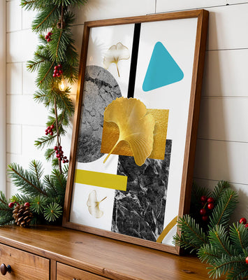 Geometric Abstract Composition with Gold Ginkgo Leaves