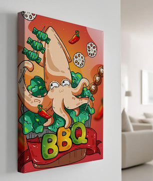 Calamar a la parrilla estilo caricatura peculiar con vegetales
