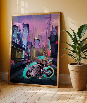 Paisaje urbano futurista cyberpunk con rascacielos iluminados con neón y motociclista