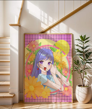 Anime-Mädchen mit leuchtenden Blumen und lila Haaren auf buntem Hintergrund