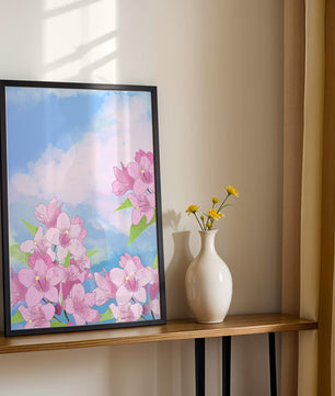 Ilustración de flores rosadas contra un cielo azul vibrante con nubes