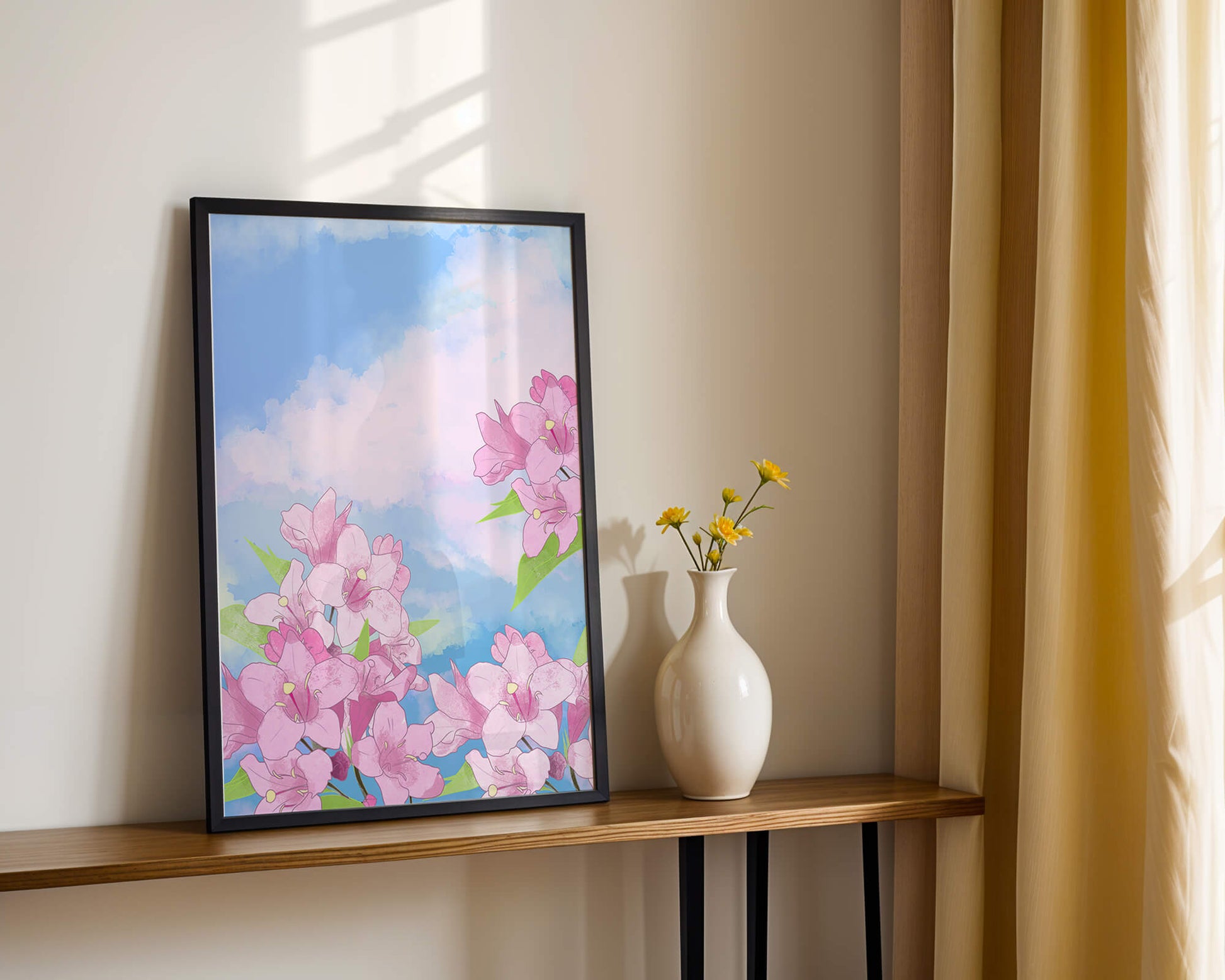 Ilustración de flores rosadas contra un cielo azul vibrante con nubes