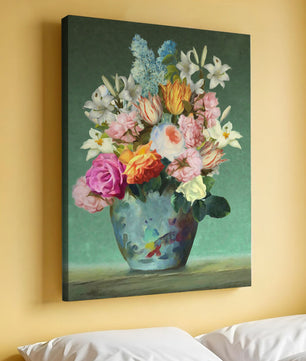 Floral arrangement in a decorative vase on a green background