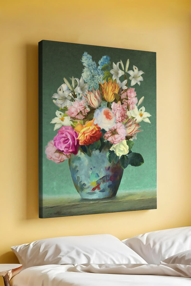 Floral arrangement in a decorative vase on a green background