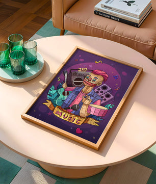 Illustration colorée sur le thème de la musique avec un personnage et des instruments