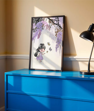 Charmante Illustration eines kleinen Mädchens mit Schmetterlingen und Glyzinienblüten