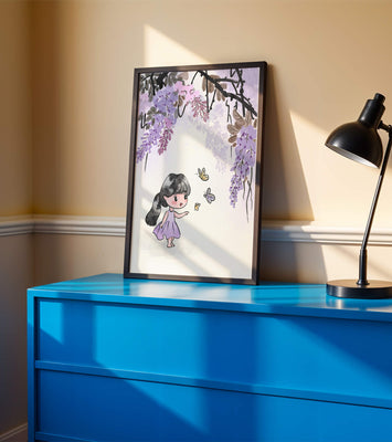 Charming illustration of a little girl with butterflies and wisteria flowers