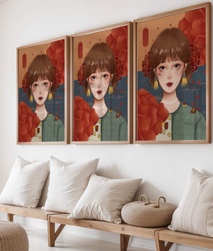 Digital art of a girl with floral and lantern elements