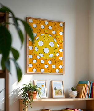 Colorful geometric pattern with white polka dots on orange background