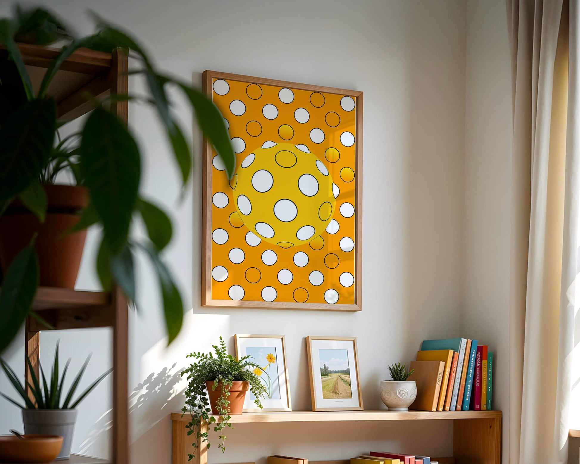 Colorful geometric pattern with white polka dots on orange background