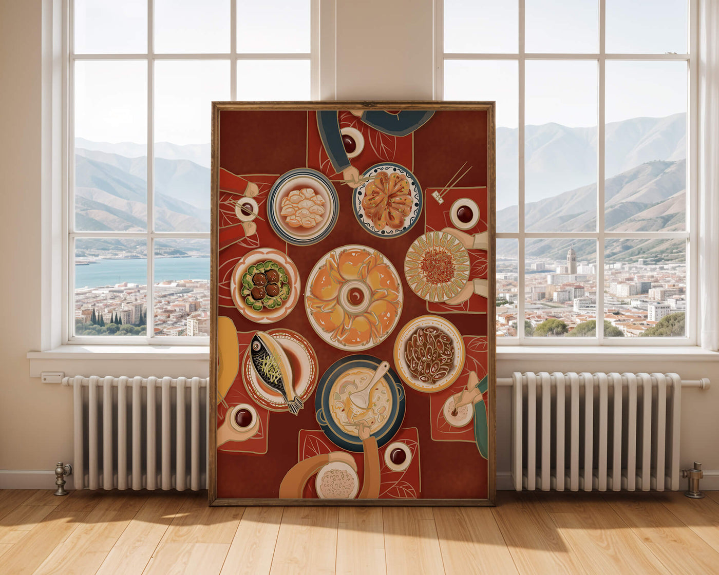 Colorful Chinese cuisine on a dining table with traditional dishes