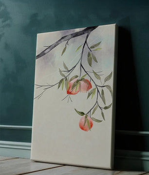Peaceful Botanical Illustration of Branches with Leaves and Peaches - Mi tienda