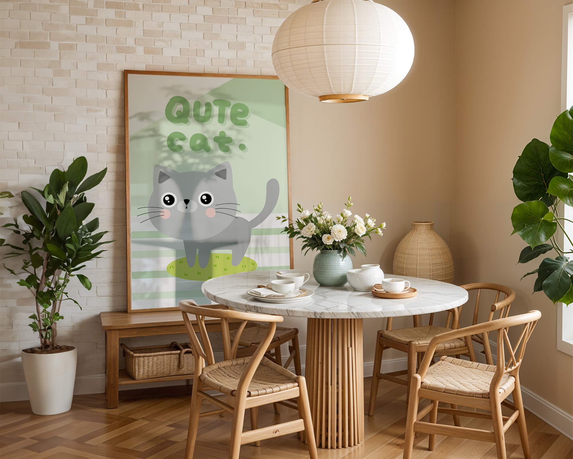 Adorable cartoon cat illustration on pastel background