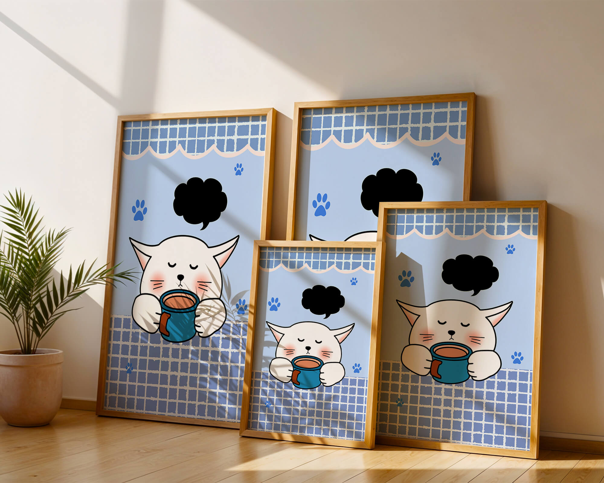 Cute cartoon cat with mug and speech bubble on blue background