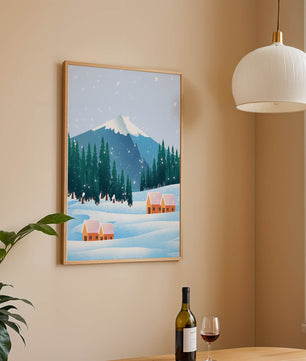Winter Mountain Landscape with Snowy Cabins and Forest - Mi tienda