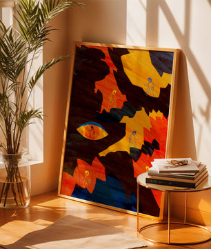Abstract colorful artwork with eye and silhouettes