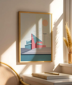 Ilustración arquitectónica moderna con diseño geométrico y atardecer