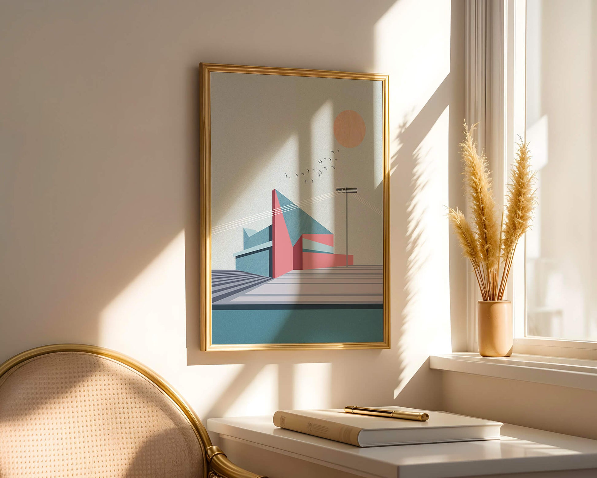 Ilustración arquitectónica moderna con diseño geométrico y atardecer