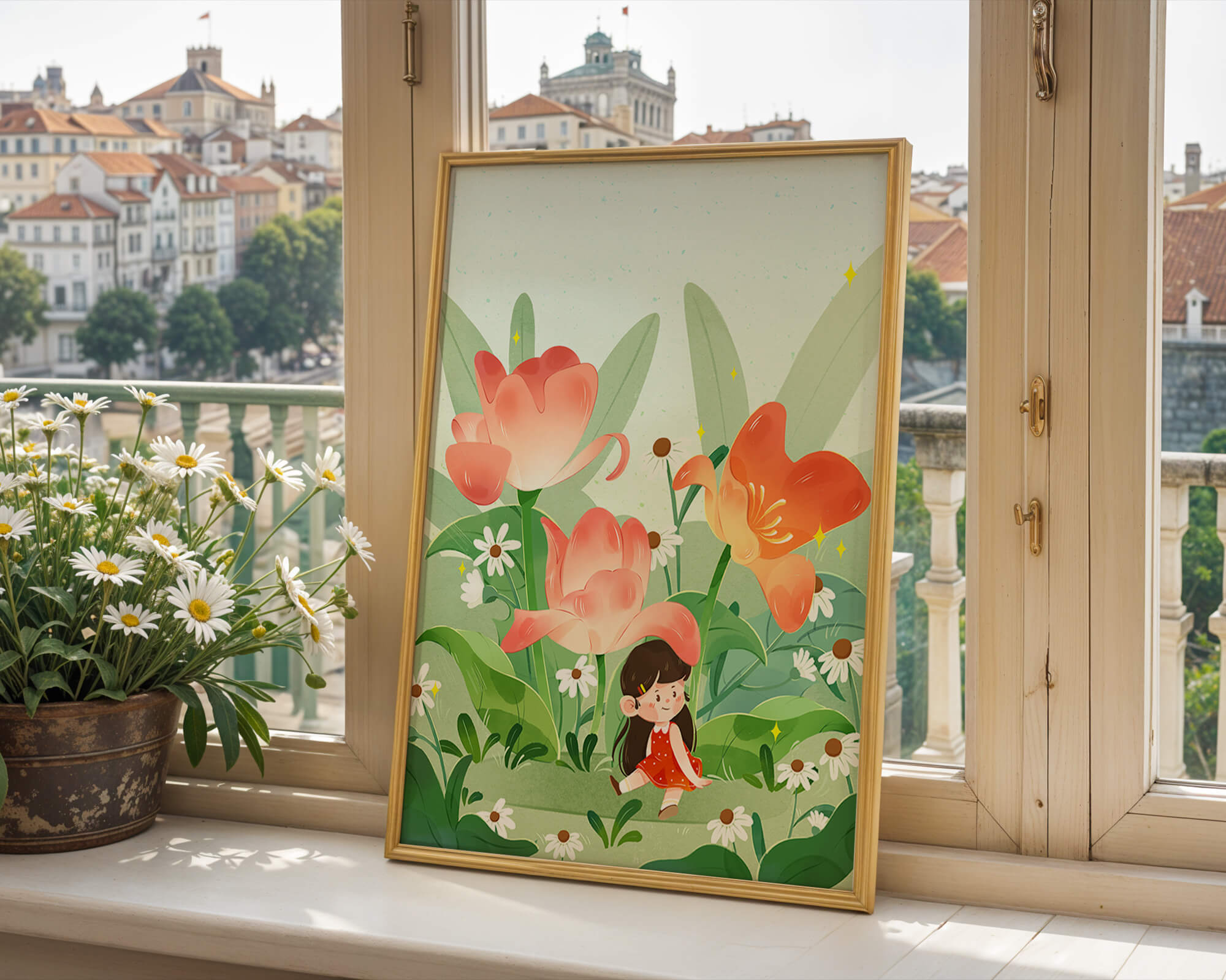 Charming floral garden with whimsical child illustration