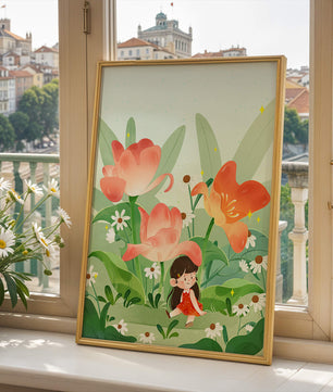 Encantador jardín floral con ilustración de niño caprichoso