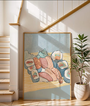 Illustration of assorted sushi rolls with shrimp and salmon on a bamboo mat