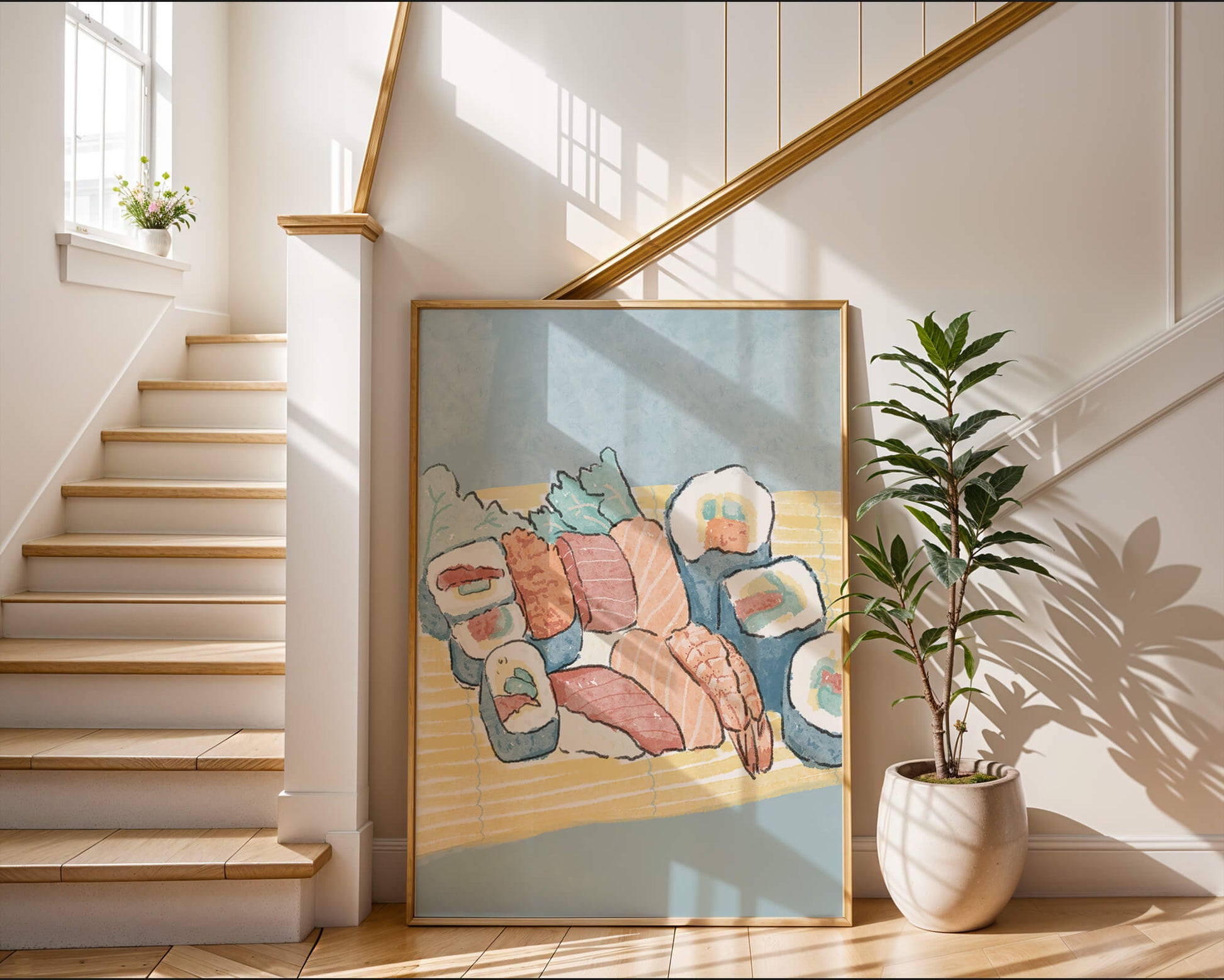 Illustration of assorted sushi rolls with shrimp and salmon on a bamboo mat