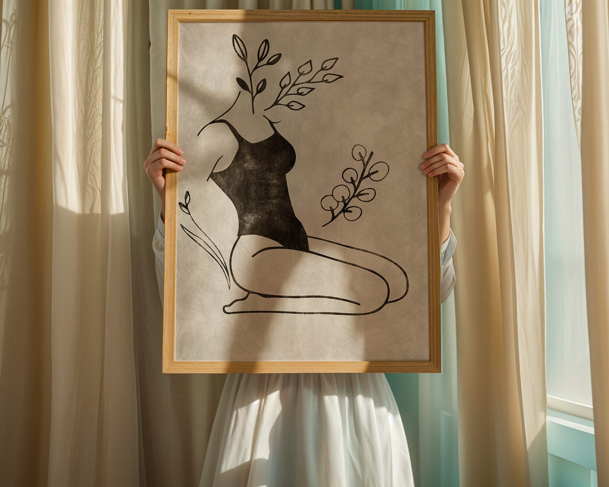 Mujer abstracta con elementos botánicos en estilo minimalista