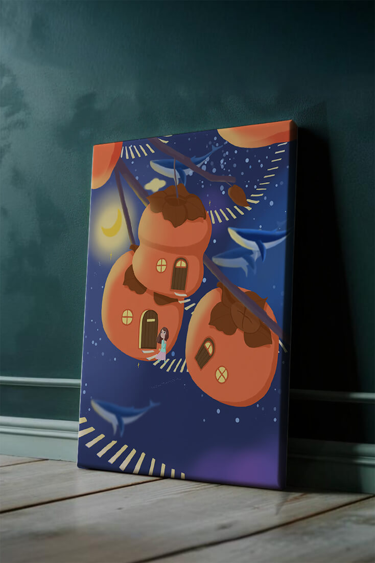 Whimsical night scene with floating persimmon houses and swimming whales