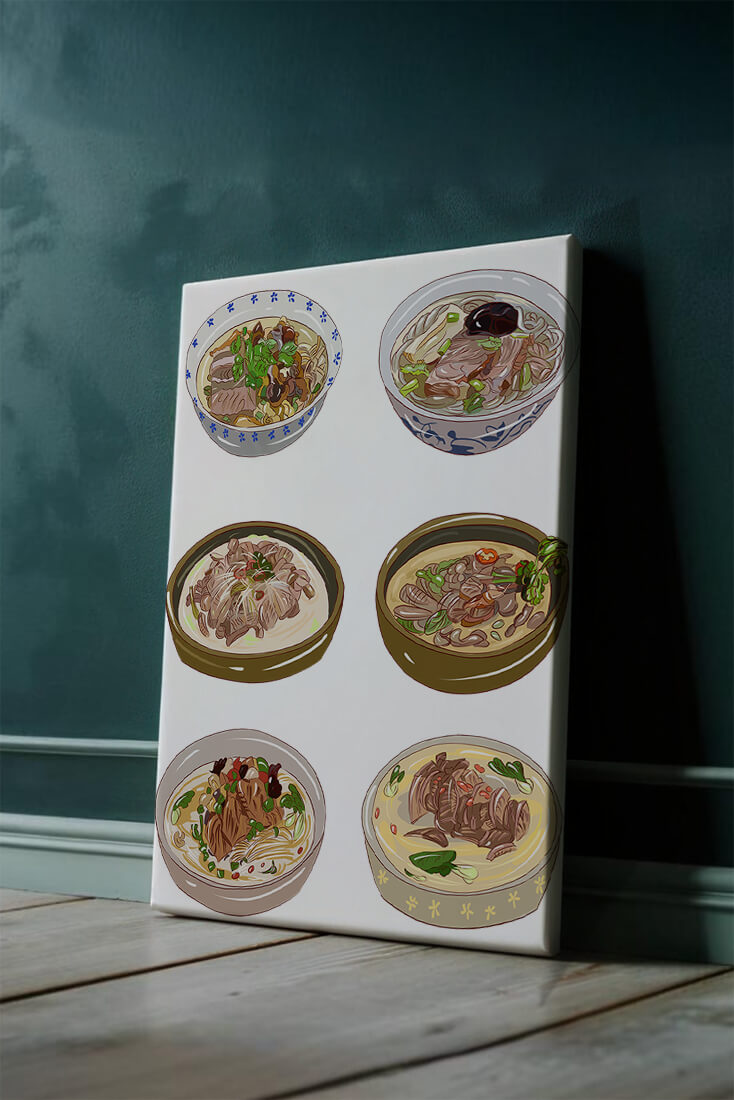 Illustrated bowls of Asian noodle soups with herbs and vegetables