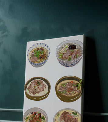 Illustrated bowls of Asian noodle soups with herbs and vegetables
